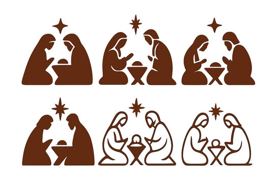 Nativity Icon Variations. Nativity scene. Icon set. Set Logo of nativity scene: Mary and Joseph kneeling. harmonious logo variations of the same emblematic