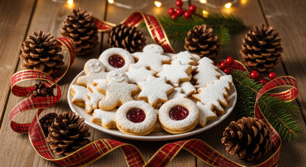 Warm Christmas Atmosphere with Plate of Biscuits and Pine Cones.