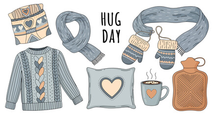 A cozy collection of hand-drawn winter essentials for Hug Day, featuring knitted apparel, a hot water bottle, and a heart-themed pillow and mug.