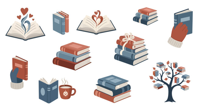 A collection of cozy book illustrations featuring stacks of books, open books with hearts, reading in mittens, and a book tree, evoking warmth and knowledge.