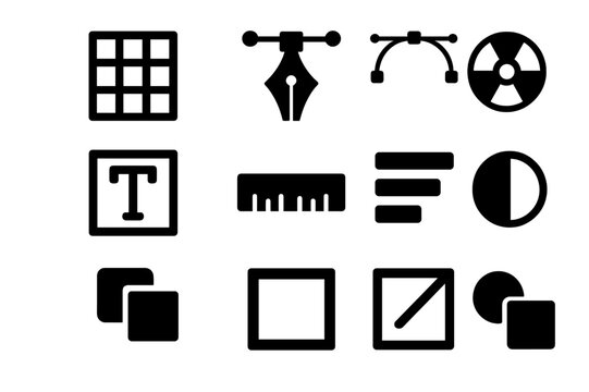 Graphic Design Icons Grid. Graphic Design Elements. Solid icon set of Graphic Design Elements: grid layout, pen tool, bezier curve, color wheel, text box,