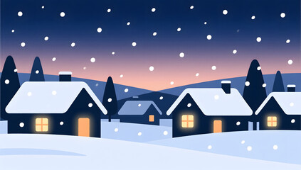 Naklejka premium A Quiet Winter Village Glowing in the Night