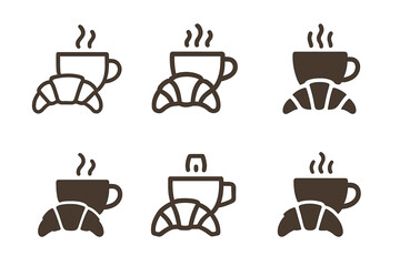 Cafe Logo Variations. Cafe. Icon set. Set Logo of Cafe: croissant and coffee pairing. harmonious logo variations of the same emblematic concept, each with