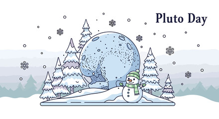 An illustration depicting a snowy winter scene with a large, textured sphere representing Pluto, surrounded by snow-covered pine trees and a cheerful snowman, celebrating Pluto Day.