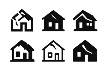 Fototapeta premium Abandoned House Logos. Dilapidated house with no sign of life. Icon set. Set Logo of abandoned home: roof caving inward. harmonious logo variations of the same