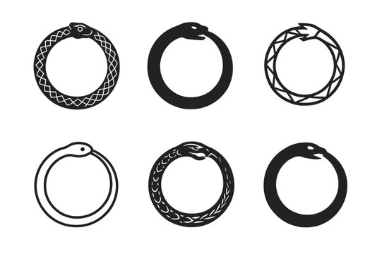 Snake Logo Variations. Snake. Icon set. Set Logo of snake: Snake curled in circle biting its tail (ouroboros). harmonious logo variations of the same
