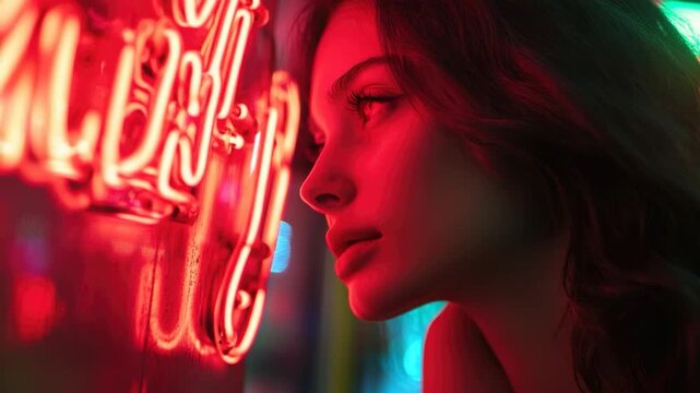 Video A woman sits with her eyes closed, surrounded by the glow of a neon sign