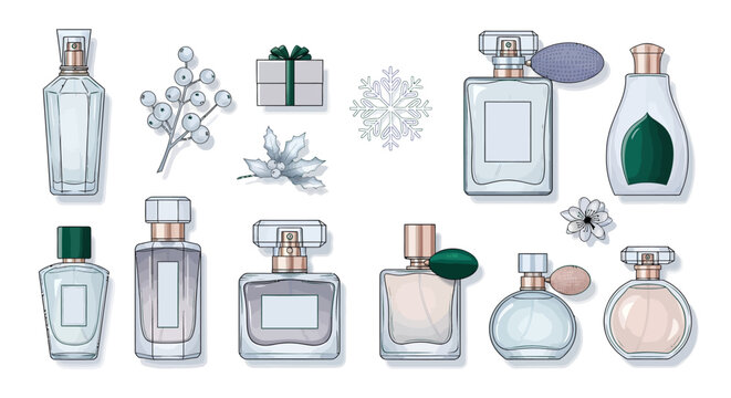A collection of elegant perfume bottles with decorative winter elements like berries, a gift box, and snowflakes, set against a white background.