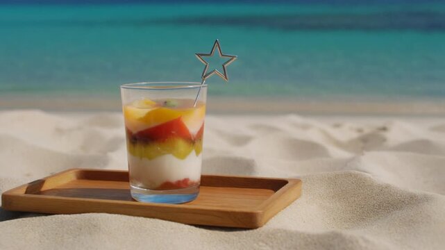 A refreshing fruit parfait in a glass with a star stirrer, served on a wooden tray on a white sand beach with a turquoise ocean in the background.