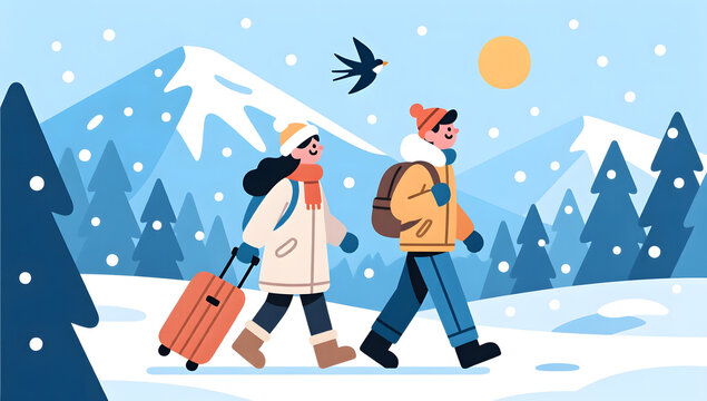 A couple heading out for a winter adventure among snowy mountains