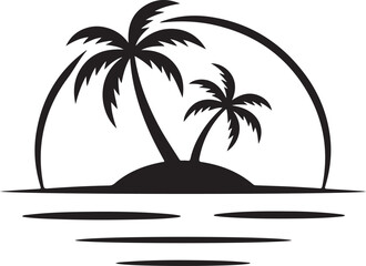 Summer sunset tropical beach line art vector illustration, hand drawn sunset and sunrise outline landscape tropical beach, palm tree with sunset waves
