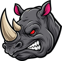 Furious aggressive black rhinoceros head mascot with red angry eyes and sharp teeth, dynamic cartoon vector illustration of a wild animal, charging rhino for sports team logo, esports, 