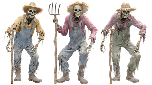 Spooky skeleton farmers ready for Halloween harvest festival, perfect for eerie autumn events and haunted farm displays, creepy and fun