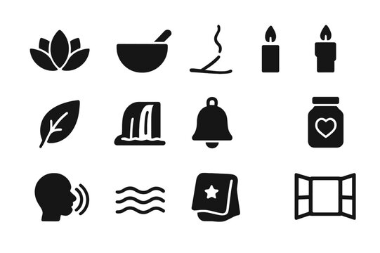 Stress Reduction Icons. Stress Reduction. Solid icon set of Stress Reduction: lotus, singing bowl, incense, candle, nature leaf, waterfall icon, mindful bell,