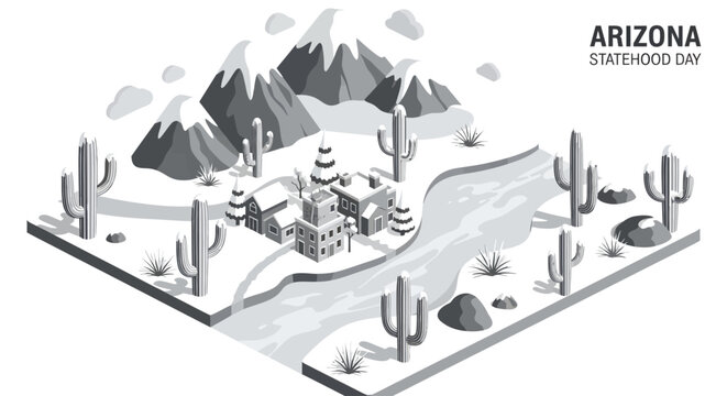 Isometric illustration of an Arizona desert landscape with mountains, saguaro cacti, a river, and a small town, celebrating Statehood Day.