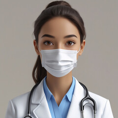 Young female doctor in a professional coat with a stethoscope and mask provides medical healthcare in a clinic