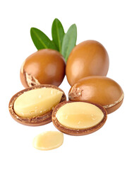 Argun Nuts and Oil with Green Leaves - Transparent Background - Cracked open nuts Falling - Food Image for Health and Beauty - Raw Food and Cosmetic Ingredient - Hair Shampoo and Vitamin Benefits