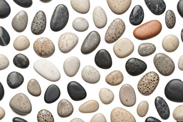 Collection of smooth pebbles in various shapes and colors on a white background