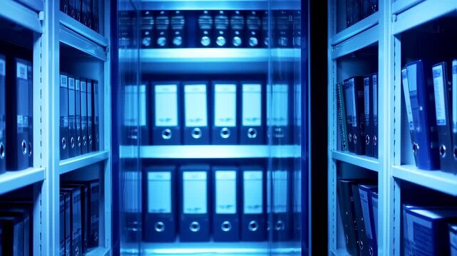 Interior shot of shelves filled with document binders in a cool-toned blue illuminated room