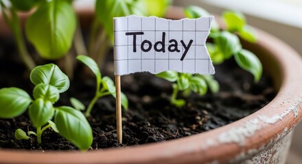 Fresh basil plant in pot with a 'Today' reminder note indoors