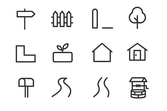 Plot Marker Icons. Plot boundary markers. Line icon set of Plot boundary markers: signpost, fence, boundary marker, tree, parcel line, garden bed, house