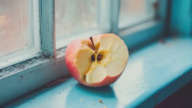 Video A half eaten apple sits on a window sill with a hint of green leafy surroundings