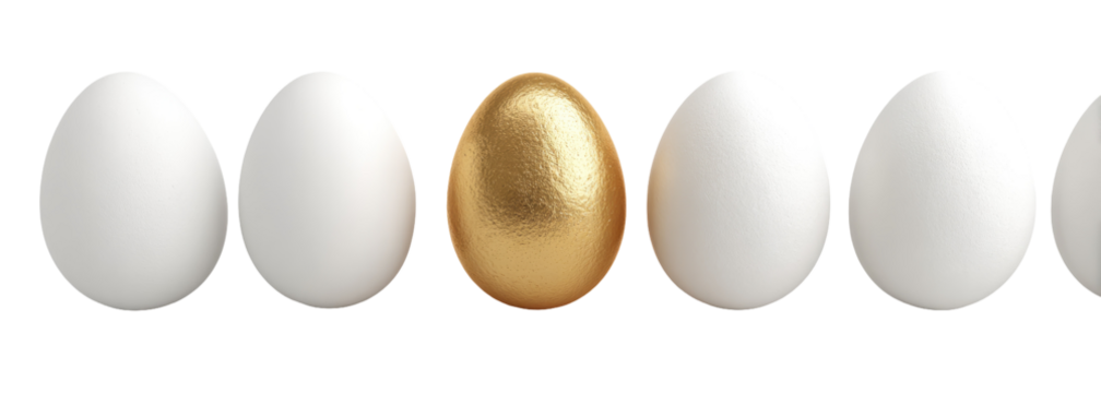 A row of six eggs, five white and one gold, presented against a black backdrop, conveying concepts of value and difference