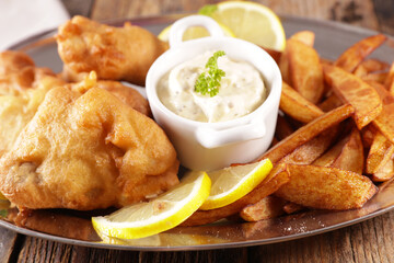 plate of fish and chips in a restaurant