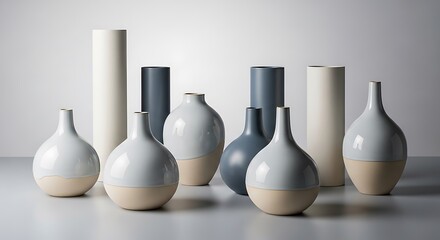 Collection of modern ceramic vases in soft bluegray and cream tones with cylindrical accents