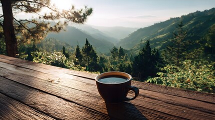 Obraz premium Warm beverage rests upon weathered wood overlooking a sprawling mountainous landscape bathed in morning light