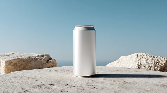 Minimalist white water bottle on a rocky shoreline
