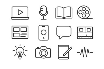 Digital Storytelling Icons. Digital Storytelling. Line icon set of Digital Storytelling: laptop with play button, microphone, open book, film reel, storyboard,