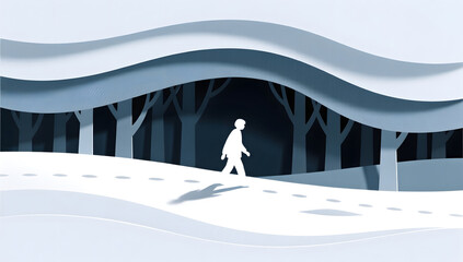 Small figure walking on winter snowfield