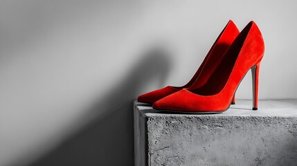 Bold red stiletto heels on a textured surface