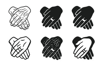 Wrinkled Hands Emblems. Wrinkled Hands and Wedding Ring. Icon set. Set Logo of Wrinkled Hands and Wedding Ring: intertwined aged hands. harmonious logo