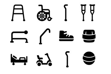 Mobility Device Icons. Mobility support devices. Solid icon set of Mobility support devices: walker, wheelchair, cane, crutches, handrail, grab bar, orthopedic