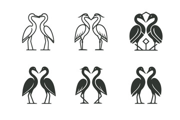Heron Logo Variations. Herons. Icon set. Set Logo of Herons: pair of herons facing each other. harmonious logo variations of the same emblematic concept, each