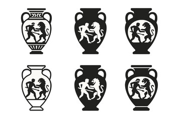 Amphora Icon Set. Historical artwork. Icon set. Set Logo of historical artwork: amphora vase with mythic motif. harmonious logo variations of the