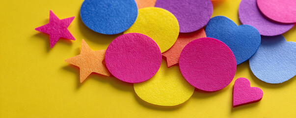 Cheerful vibrant background featuring colorful felt shapes circles, stars,  hearts on a yellow surface. Ideal for themes of creativity, joy, and education projects.