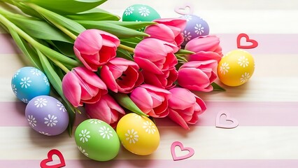 Beautiful Easter still life with pink tulips colorful decorated eggs and small heart shaped decorations a festive and joyful spring celebration concept for holiday greeting cards 