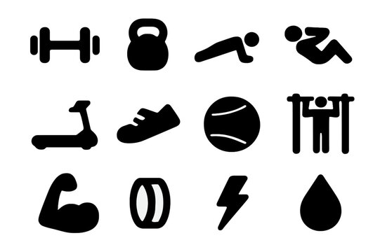 Fitness Icon Set. Fitness workout. Solid icon set of fitness workout: dumbbell, kettlebell, push up pose, sit up pose, treadmill, running shoes, gym ball, pull