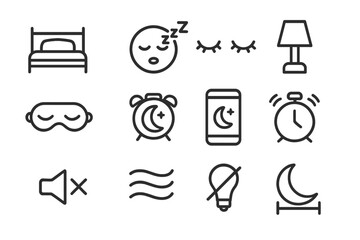 Bedtime Icon Set. Bedtime icons. Line icon set of bedtime icons: bed with pillow, sleeping face, closed eyes icon, nightstand lamp, sleep mask, moon clock,