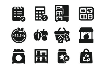 Grocery Icon Set. Grocery habits. Solid icon set of Grocery habits: weekly list, budget icon, full fridge, meal prep, healthy label, fresh choice, compare
