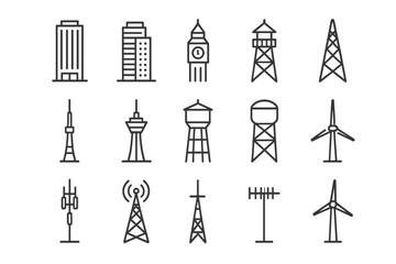 Fototapeta premium Skyscraper & Tower Icons. Skyscraper and tower types. Line icon set of Skyscraper and tower types: office skyscraper, mixed-use high-rise, clock tower, fire