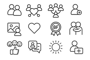 Fototapeta premium Online Friendship Icons. Friendship online. Line icon set of friendship online: people icon, heart with connection, mutual friends, friend request icon, shared