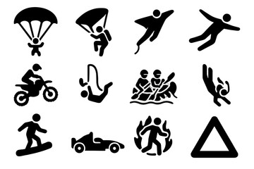 Fototapeta premium High-Risk Activity Icons. High-Risk Activities. Solid icon set of High-Risk Activities: parachuting, rock climbing, base jumping, skydiving, motocross, bungee