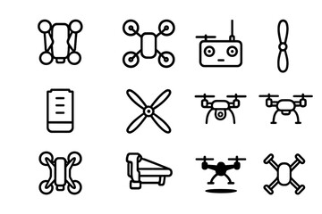 Fototapeta premium Foldable Drone Icons. Foldable Drones. Line icon set of Foldable Drones: folded drone, quadcopter, drone in flight, drone controller, drone battery, drone