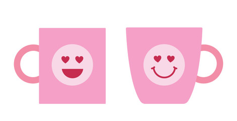 Set of Valentine's Day Pink Mug Clipart.
Valentine's Day Smiley Emoji Icon.
Coffee Cup flat vector illustration.
White background.
