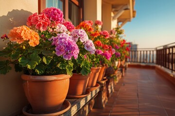 Colorful Flowers Brighten a Balcony Garden During Sunset in a Vibrant City