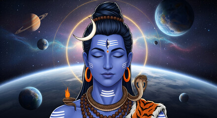 Depiction of Lord Shiva, one of the principal deities in Hinduism, revered as the god of destruction and transformation. Commonly portrayed with matted hair, a crescent